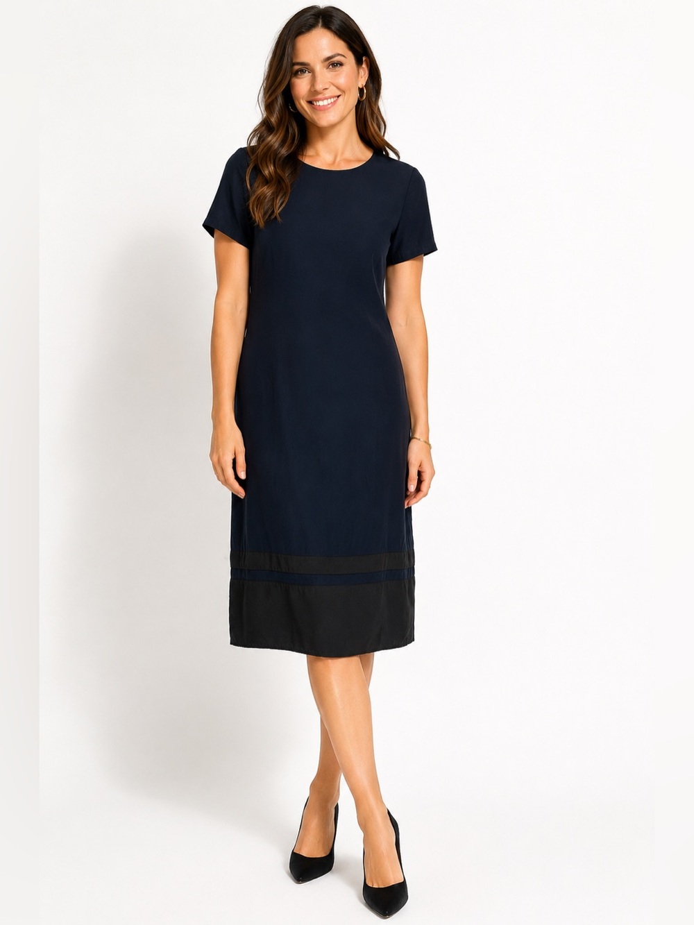 Jenni Kayne 100% Silk Midi Dress small navy short sleeve business casual chic